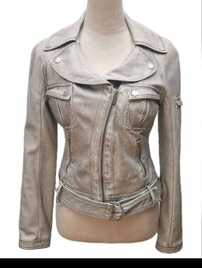 Bebe Silver Metallic Moto Jacket Belted Faux Leather Size S Y2K